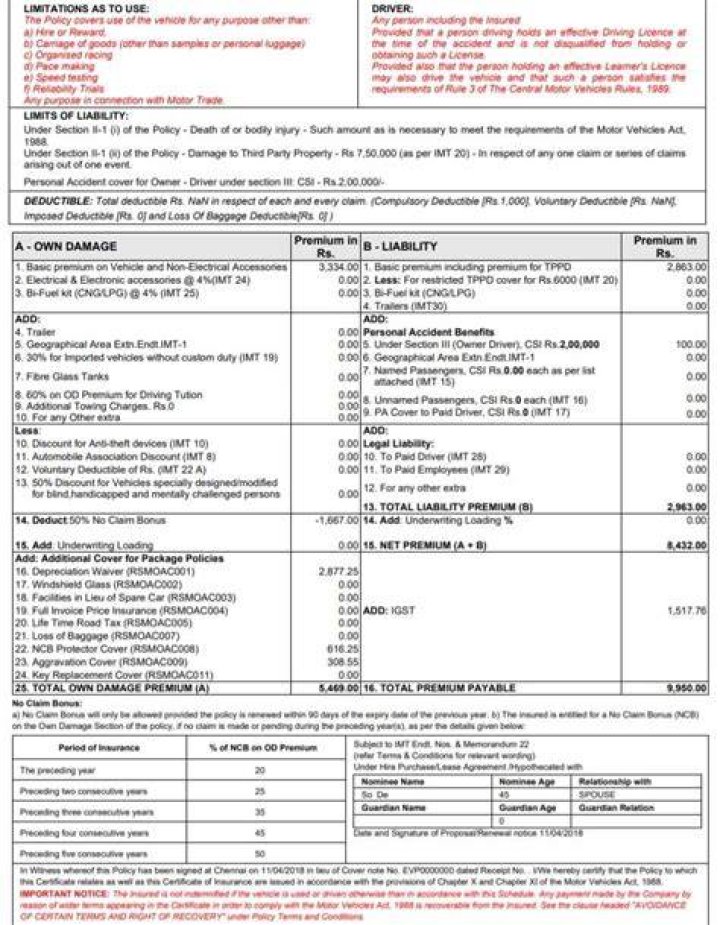 Car insurance policy